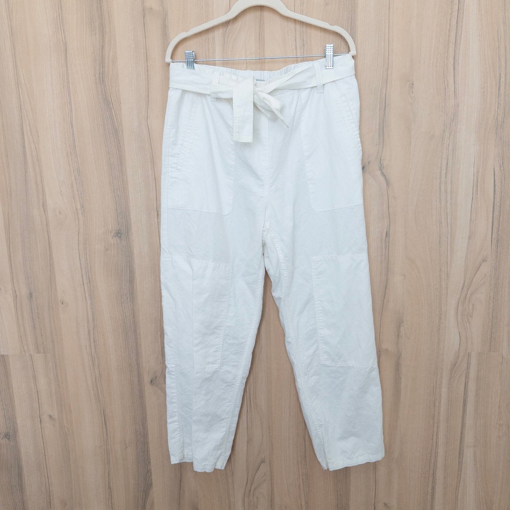 Womens Linen Pants Large White High Waist Tie Belt Utility Tapered Coastal Beach